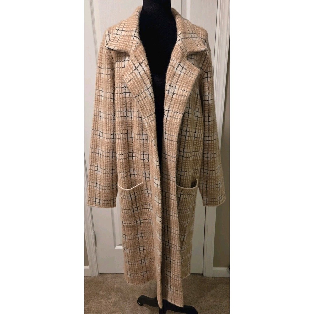 Cyrus longline cardigan w/ sophisticated camel & black plaid pattern- Size M